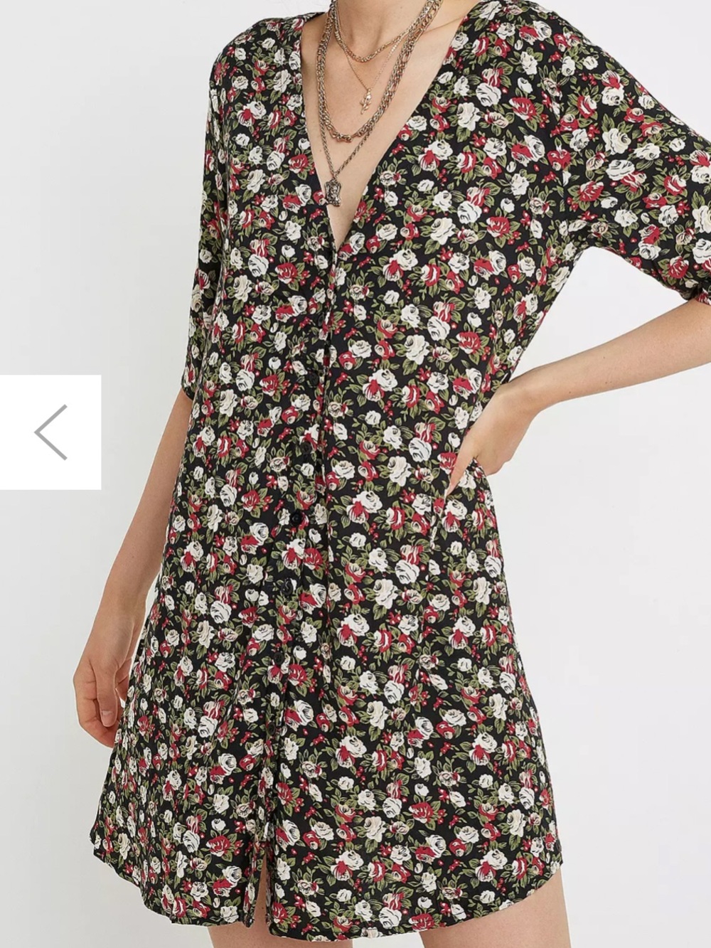 Motel Rocks Black Floral V-Neck Mini Dress with Red & White Roses